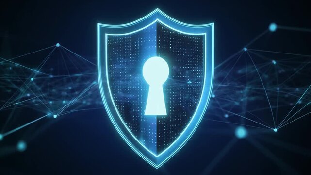 A glowing blue shield with a central keyhole surrounded by digital network lines, symbolizing cybersecurity, data protection, encryption, and secure information access in futuristic design.