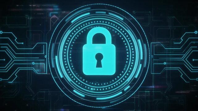 A glowing cyan padlock centered within a circular digital interface surrounded by circuit patterns, symbolizing cybersecurity, encryption, and secure data protection in futuristic technology.