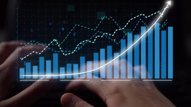 Close-up of hands interacting with a digital tablet showcasing diverse stock market data and growth graphs, reflecting modern business analysis and investment strategies. Copula