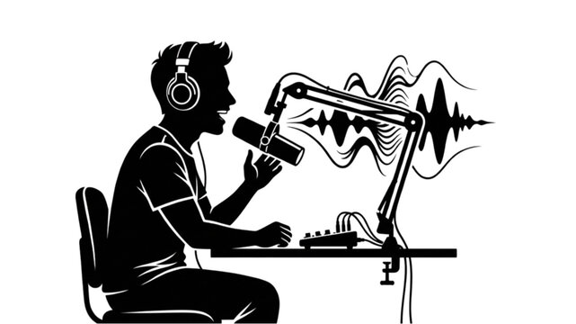 Podcast Content Creator Concept &ndash; Black Silhouette Vector of Person Speaking into Microphone with Headphones and Audio Waves