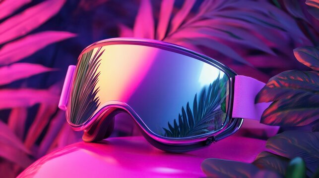A pair of silver ski goggles with iridescent mirrored lenses rest on a pink surface with green palm leaves reflecting in the lenses.