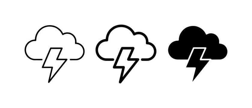 Cloud lightning icons, weather forecast symbols, storm alerts, set of 3 graphic elements