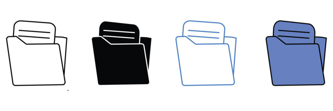 computer open data folder vector icon set in black and blue color. desktop save file ui symbol. information document organize folder sign.