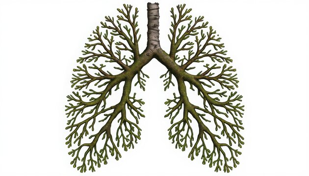 Anatomical illustration of human lungs with trachea and bronchi on white background