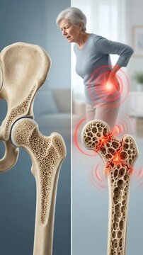 Skeletal health decline: osteoporosis condition, bone degrade, fragile fracture, elderly pain, hip joint, human ache, porous structure, aging body, medical concept, patient suffer.