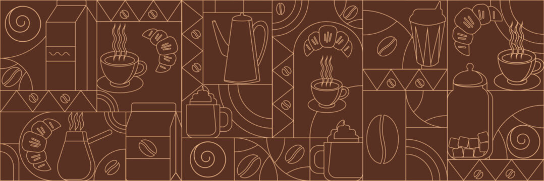 Geometric coffee pattern in minimalist style. Geometric line drawing. Abstract print background with simple shapes for coffee shop, food packaging, cafe wall, menu.