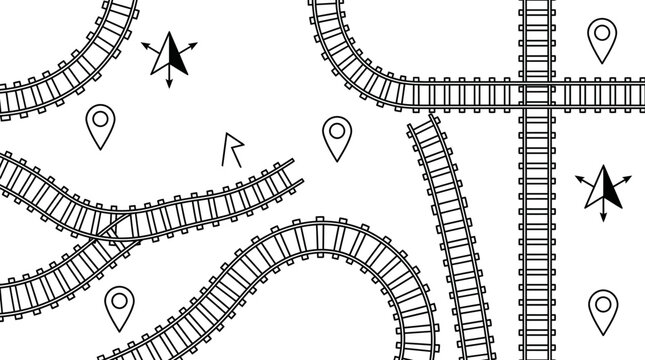 A black and white illustration of a complex railway network with multiple junctions, switches, and location markers, suggesting a transportation or logistics theme.