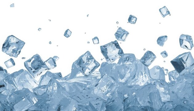A pile of ice cubes on white background with some cubes falling and floating in air