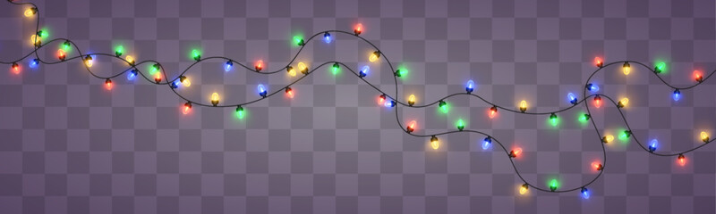 Obraz premium Realistic Christmas color lights PNG. Garland with luminous colorful bulbs and glowing LED lamps. Xmas decoration isolated on transparent background for advertising design. Vector illustration. 