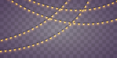Obraz premium Christmas garland string lights PNG. Golden glowing LED lamps and luminous yellow bulb decoration isolated on transparent background. Xmas realistic vector design for greeting card and poster.