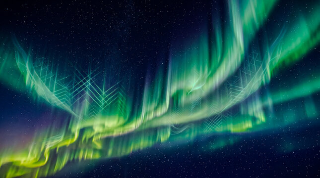 Aurora borealis emerald green curtains dark indigo sky, nature energy background