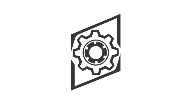 Gear icon enclosed within a black parallelogram frame.