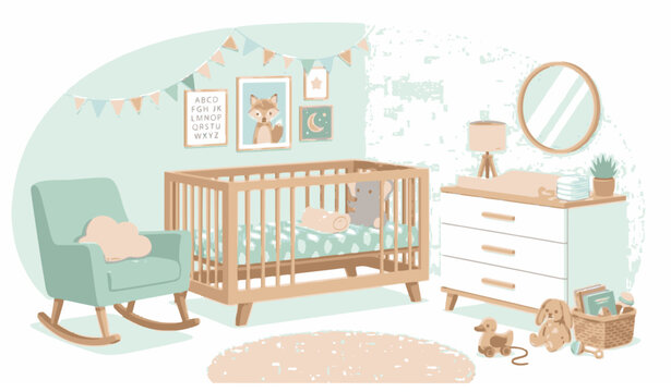 Baby Cot Room Nursery Interior Vector Illustration