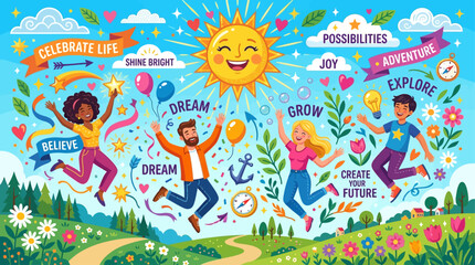 Fototapeta premium A vibrant illustration depicting four diverse people joyfully jumping in a colorful landscape under a smiling sun, surrounded by inspiring words and symbols of happiness, growth, and adventure.