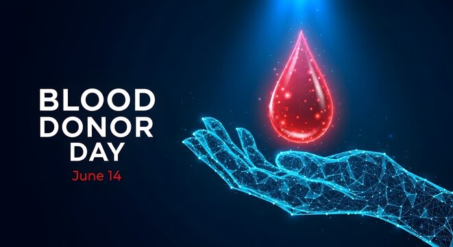 World Blood Donor Day June 14 celebration banner with futuristic glowing neon wireframe mesh hand holding a glossy red blood drop on dark blue background