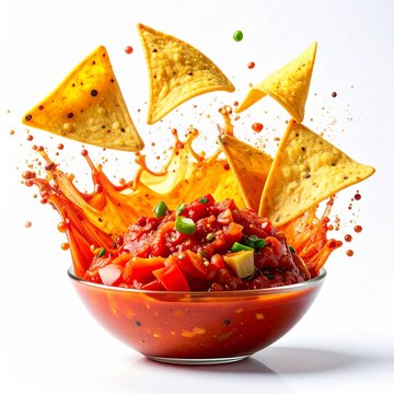 Tortilla chips falling into a bursting salsa dip, creating a dynamic splash of spicy flavor on white background