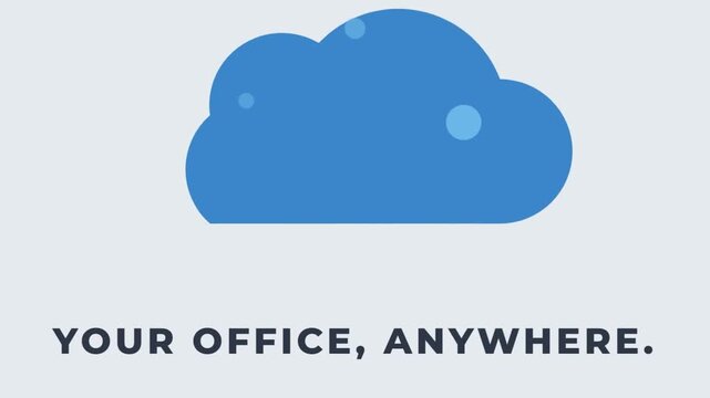 Cloud office typography animation featuring your office anywhere message with floating cloud graphic on minimal background creating modern business visuals