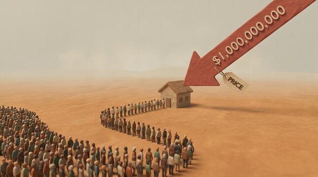 Minimal 3D crowd queuing in a long line toward a small house model under a large red downward price arrow in a desert sand landscape, concept of real estate market crash and housing crisis.