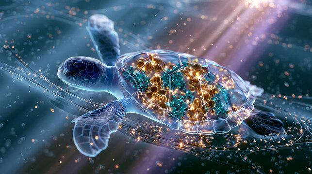 3D render of a transparent sea turtle with microplastic particles inside body, marine pollution concept