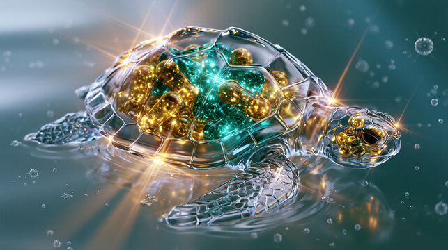 Biomimicry concept 3D render of a robotic glass turtle with internal golden energy cells swimming