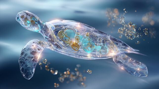Futuristic 3D illustration of a glass sea turtle swimming with toxic waste capsules inside its shell