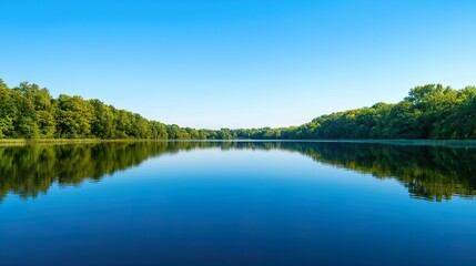 Fototapeta premium Calm lake reflecting a clear blue sky, still water, tranquil scenery,