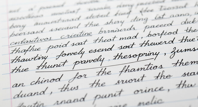 Close up view of handwritten cursive text on white lined paper with blue ink, showing flowing script and loops