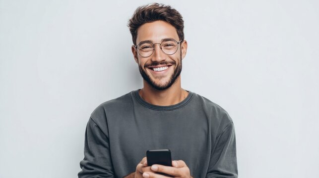 Young man with glasses and beard smiling while holding a smartphone against a white background