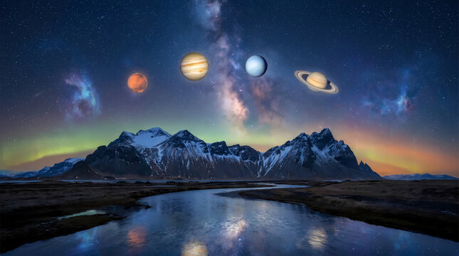 Celestial spectacle above a majestic mountain landscape, where distant planets align with the vibrant aurora borealis under a starlit galaxy