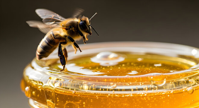 Close-up macro shot of a bee hovering over a jar of golden honey, with detailed wings and body. Natural lighting.
