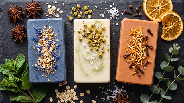 Three artisanal soaps with natural ingredients, arranged on a dark slate surface