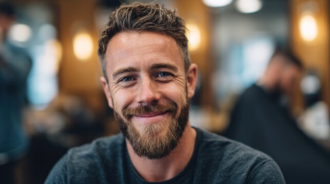 Smiling man with beard and stylish haircut in a barber shop setting