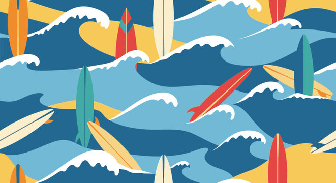 Vibrant summer pattern of surfboards riding waves in ocean