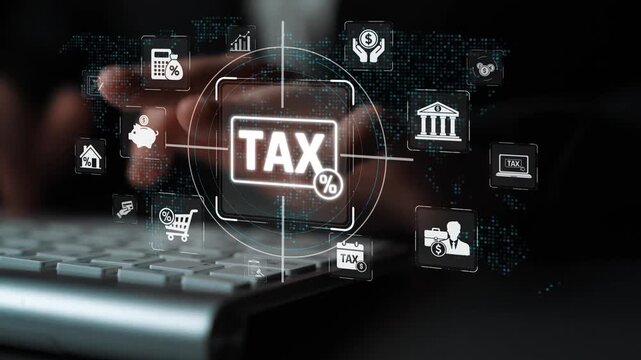Hands Typing on a Keyboard with Tax Symbols and Icons Representing Financial Transactions and Digital Taxation in the Background Sigmoid