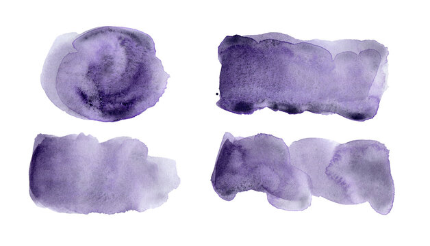 Minimal set of purple watercolor stains isolated on white background. Hand-painted abstract watercolor shapes and soft artistic textures perfect for branding, invitations, packaging and modern creativ