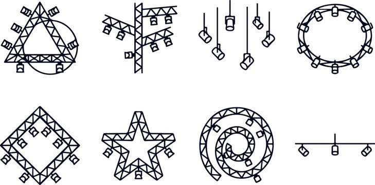 Stage lighting and entertainment truss structures in various geometric shapes like circle star triangle.
