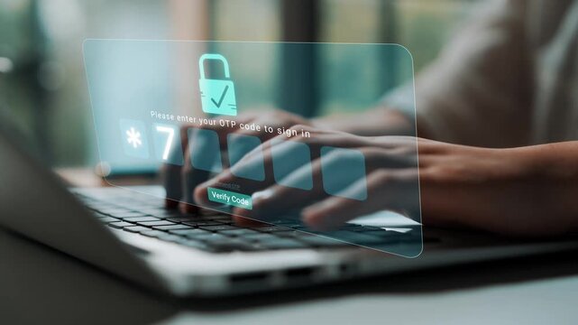 Digital security concept showing user entering one-time password on laptop for secure login with virtual overlay of input fields and padlock symbol Sigmoid