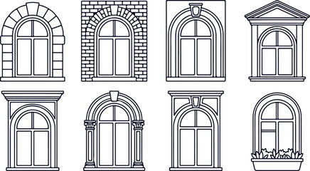Naklejka premium Ornate architectural window designs with stone brick and classical columns for building facades.