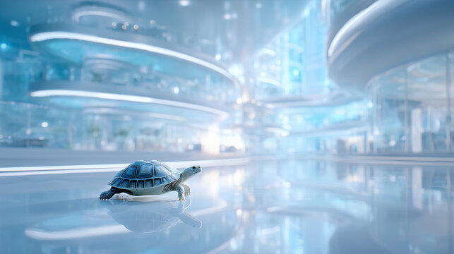 Dynamic 3D render of a cyber turtle navigating with glowing particle data streams in sci-fi tunnel