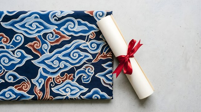 Batik fabric with traditional cloud pattern and a rolled scroll