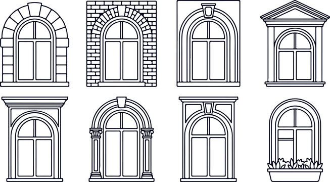 Ornate architectural window designs with stone brick and classical columns for building facades.