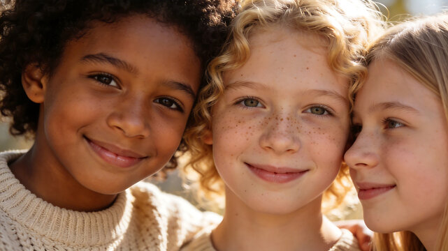 three children smiling closely together emphasizing fluid motion and vibrant color palettes