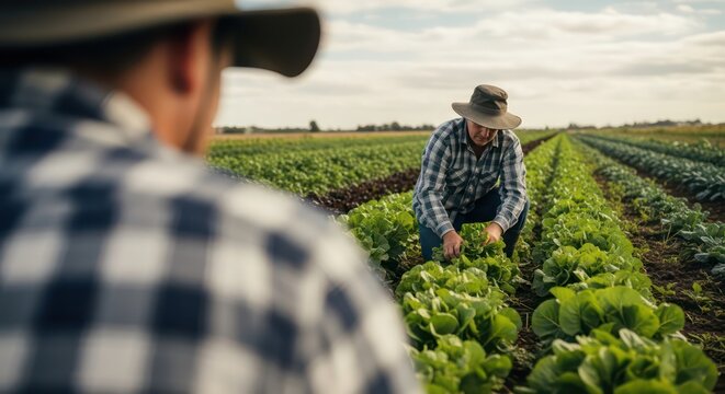 Farmers Harvesting Fresh Lettuce in a Field During Daytime.