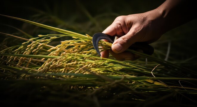 Close-up of a hand harvesting ripe rice stalks with a sickle.