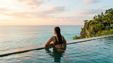 Obraz premium Woman with braided hair relaxing in luxury infinity pool overlooking tropical ocean sunset