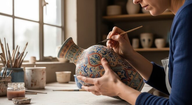Artist meticulously paints intricate details onto a handcrafted ceramic vase in a sunlit studio.
