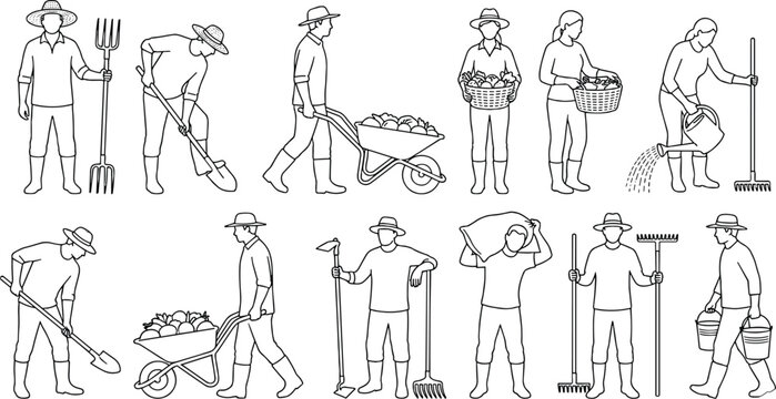 Minimalist farmer line art icons, set of 12 agricultural worker vector illustrations, gardening and farming people silhouettes in thin stroke style