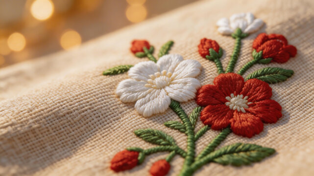 Embroidered floral design on fabric ideal for sleek commercial backgrounds and title sequences