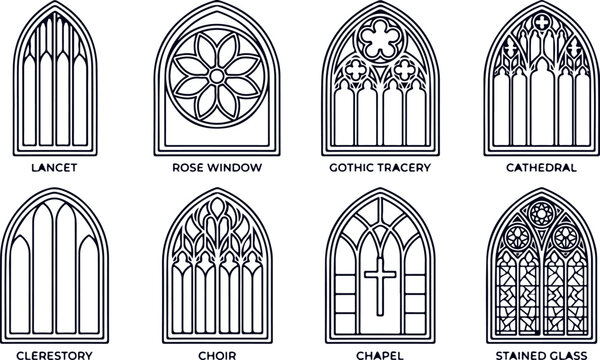 Gothic architectural window styles including lancet rose tracery cathedral clerestory choir chapel stained glass.