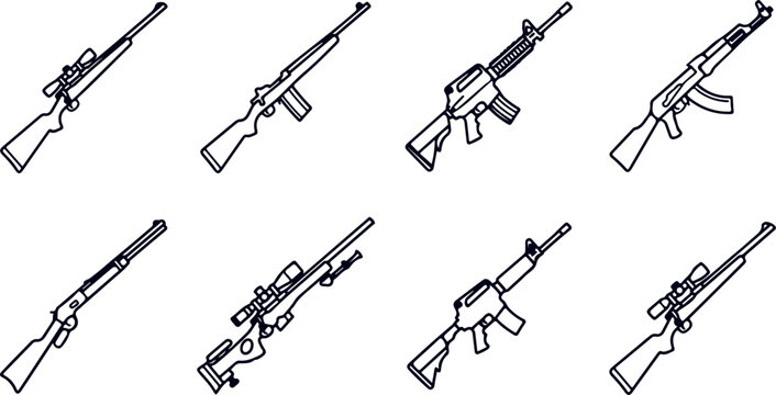 Assortment of rifle designs sniper rifles assault rifles hunting rifles and shotguns vector drawings.